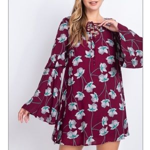 Burgundy wine Long flare sleeve lace-up V-neck floral print shift mini dress.